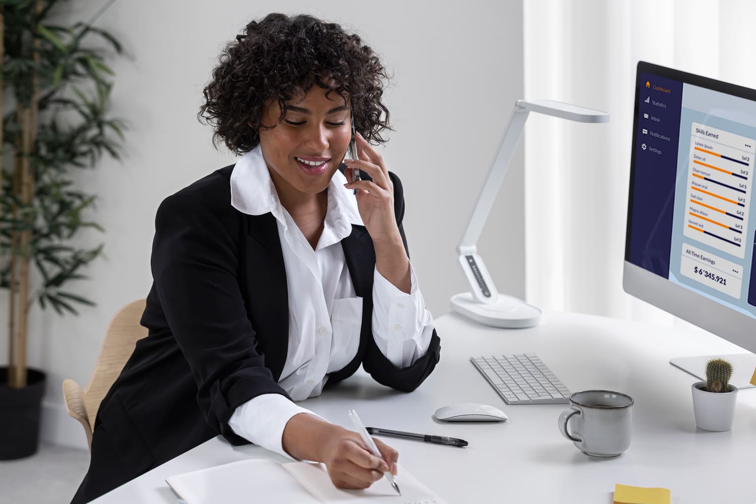 happy businesswoman working office